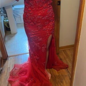 Red Slit Off the Shoulder Gown for Prom